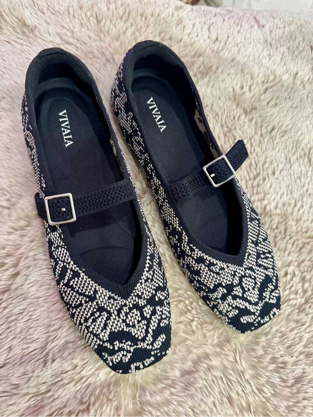 VIVAIA Black & Cream Mary Jane Knit Flats with Adjustable Strap